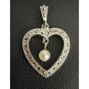 Sterling Silver Pendant Heart Signed Theda Marcasite Genuine Pearl